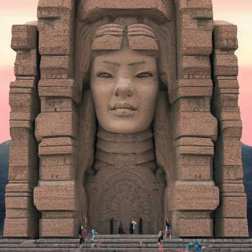 Prompt: giant carved stone woman detailed megastructure, full frontal view, expansive view, vivid colorful Hyperrealistic CGI Photorealistic cinematic volume lighting fanart on ArtStation concept art, slutcore, ancient aliencore,