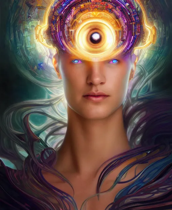 Prompt: a whirlwind of souls rushing inside the metaverse, half body, glowin eye, tiara with sapphire, pharaoh, android, cyborg, cyberpunk face, d & d, fantasy, intricate, elegant, highly detailed, colorful, vivid color, digital painting, artstation, concept art, art by artgerm and greg rutkowski and alphonse mucha and ruan jia