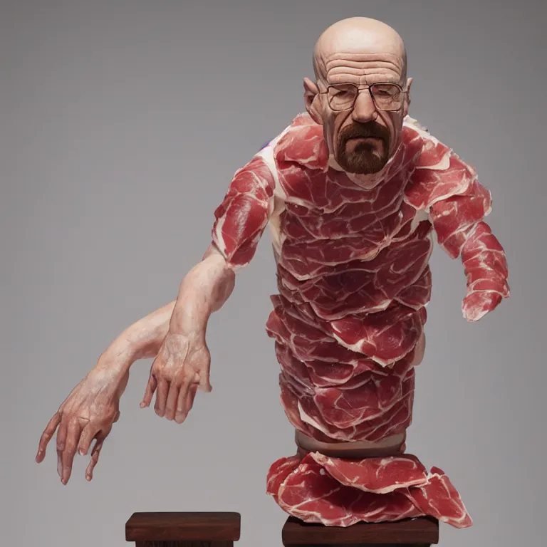 Prompt: hyperrealistic portrait sculpture of a walter white made of prosciutto and capicola and salami on a pedestal by ron mueck and duane hanson and lee bontecou, hyperrealistic dramatic colored lighting trending on artstation 8 k