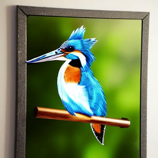 Image similar to wall art of a real life kingfisher made out of reflective crystal and very reflective polished metal, in the background is a forest, product photography