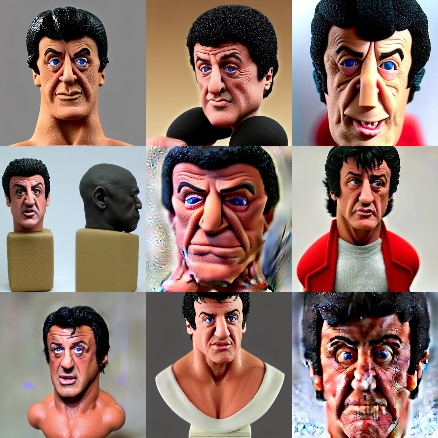 Prompt: rocky sylvester stallone! clay! close detailed sculpted head , style: professional claymation puppet clay , by guldies