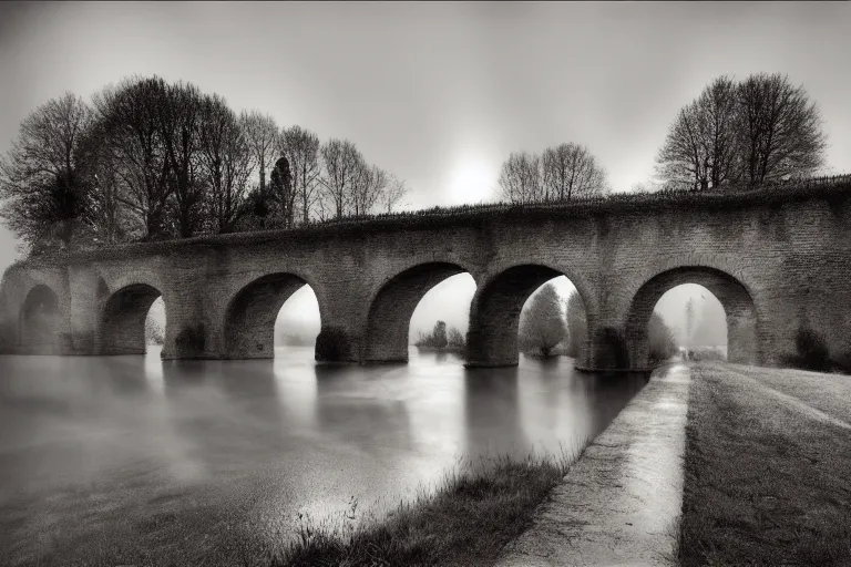Image similar to masterpiece lomography photography of ( pont ambroix at ambrussum ), one single arch, realistic, detailed, cinematic lights, 8 k, long exposure, trees, fog in the background, monochromatic soft blue tones, by gustave courbet, moonlight, artstation, deviantart, fireflies