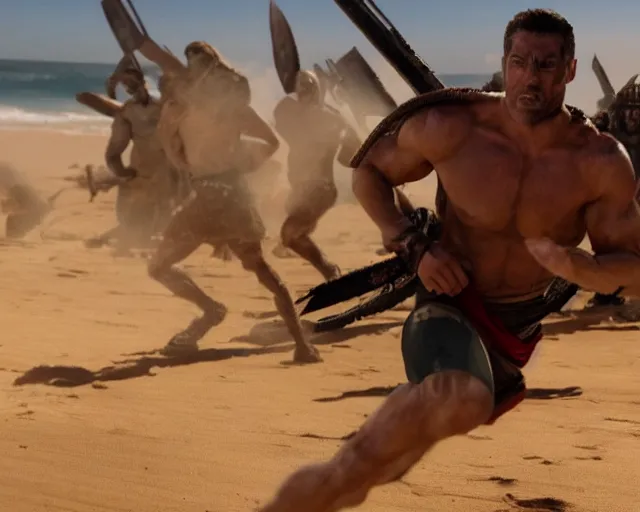 Prompt: single spartan running on australian beach, epic award winning action cinematic still from the movie 3 0 0, 8 k, global illumination, detailed face, muscles, rim highlights, hyper realistic