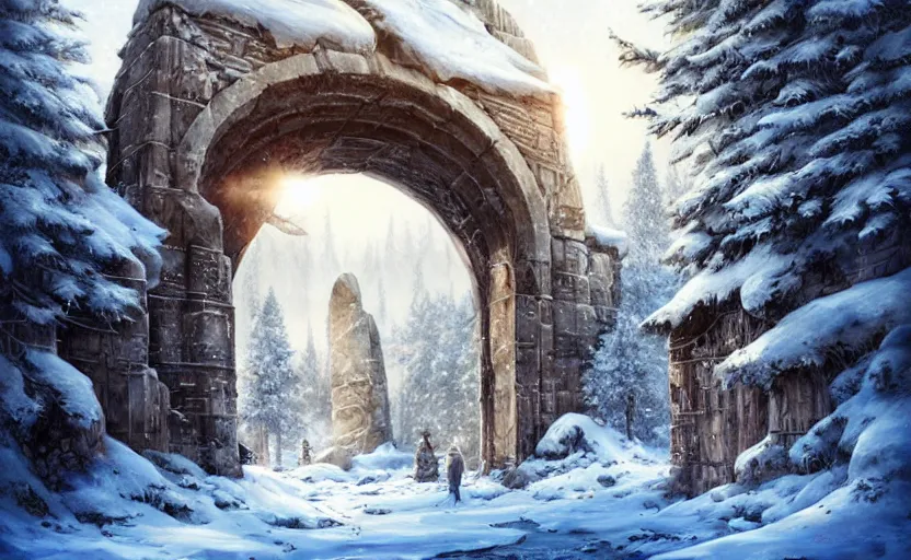 Prompt: a snowy landscape, sparse fir trees, scattered broken ancient ruin structures, giant archways, fantasy digital painting, stunning, intricate details, artwork by ross tran and artgerm