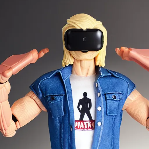 Image similar to action figure of a skinny blonde male wrestler wearing a vr headset and wearing a t - shirt and jeans, high detail, realistic,