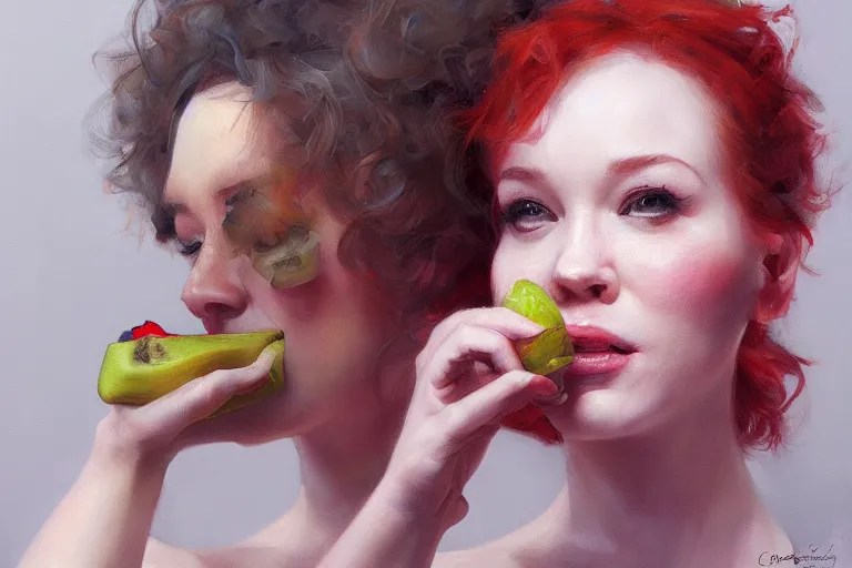 Prompt: A portrait of a Christina Hendricks eating various fruits by Ruan Jia and Mandy Jurgens and Artgerm and william-adolphe bouguerea, highly detailed, trending on artstation, award winning, H 768