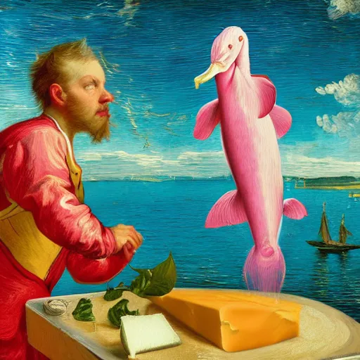 Prompt: a highly detailed oil painting of a pink dolphin ruling a cheese kingdom where everything is made from different types of cheese, surreal, 4 k, trending on art station, in the style of caravaggio, comic book style, van gogh