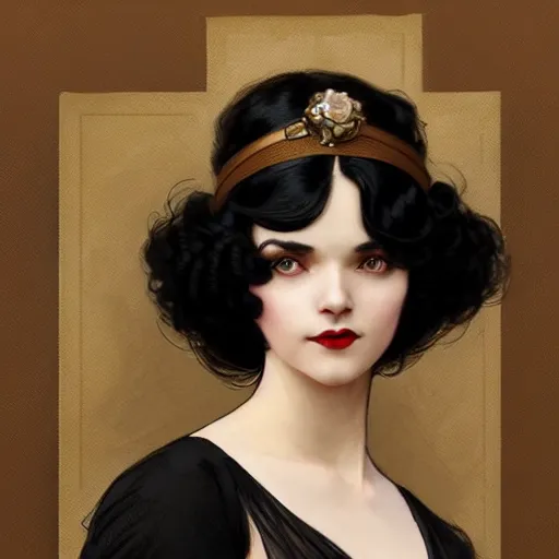 Image similar to a woman with black hair, dressed in 1920's fashion, D&D, fantasy, intricate, elegant, highly detailed, digital painting, artstation, concept art, matte, sharp focus, illustration, art by Artgerm and Greg Rutkowski and Alphonse Mucha