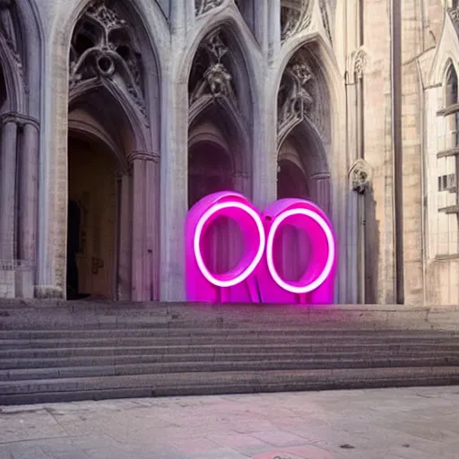 Image similar to A pink neon sign with rounded letters spelling 'odoo' above the front door of a cathedral
