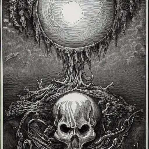 Prompt: evil flower, black and white engravement, full moon, gustave dore, weeping willows, skulls, ravens