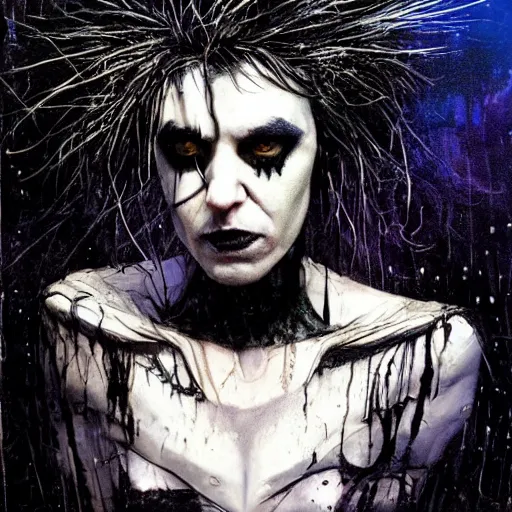 Image similar to gaunt ( the cure fan ) as dream from sandman, dim stars as eyes, by jeremy mann, by cedric peyravernay, by by russ mills, by richard avedon and ben templesmith, dramatic lightning, sadness, dark eye sockets, in the shadows, punk rock, gothic, high detailed, 8 k