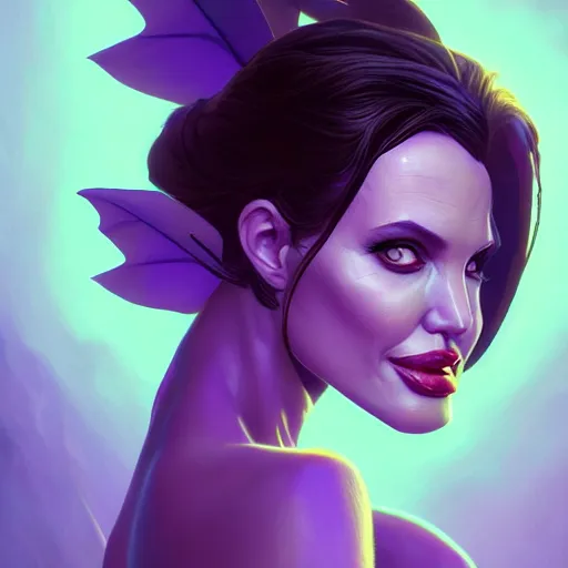 Image similar to Portrait of Angelina Jolie as a succubus, purple skin, mattepainting concept Blizzard pixar maya engine on stylized background splash comics global illumination lighting artstation lois van baarle, ilya kuvshinov, rossdraws