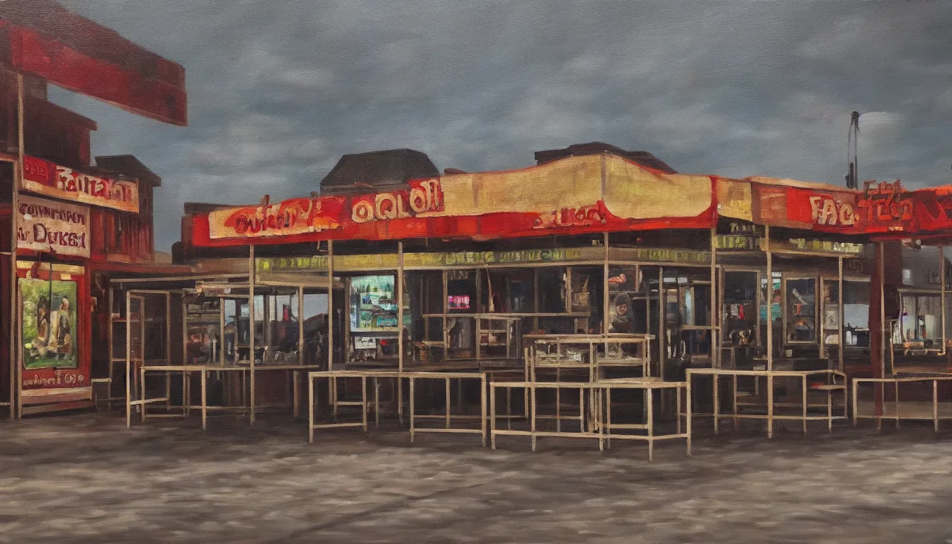 Image similar to oil painting of empty outside town fair, counters, no people, sad, melancholic, depressing, very detailed, emotional, 4 k