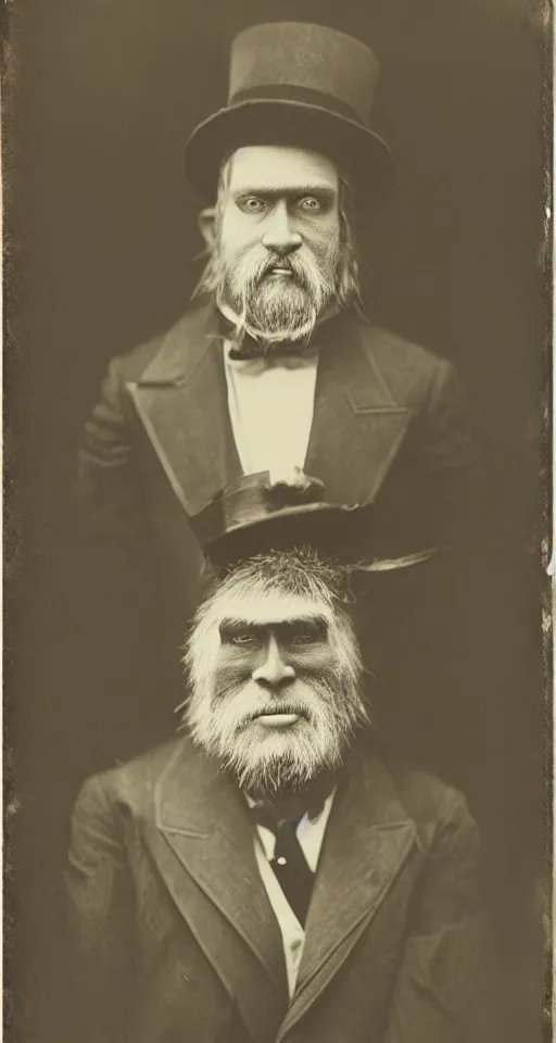 Image similar to a vintage wet plate portrait of a dignified bigfoot with a top hat and cane