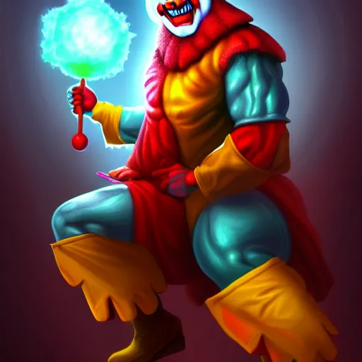 Image similar to buff wizard clown, digital painting, digital art, artstation, devian art, 4 k, hd