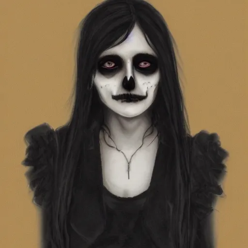 Image similar to A portrait of the character, Death, a young Goth girl wearing a black vest and balck jeans, very little make-up