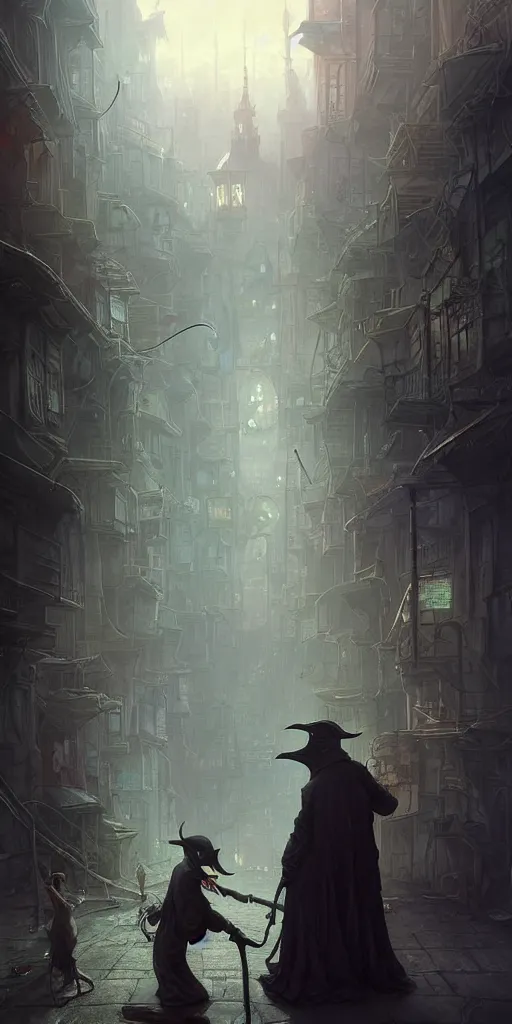 Image similar to a plague doctor and a humanoid rat in a sewer city, stephen bliss, unreal engine, fantasy art by greg rutkowski, loish, rhads, ferdinand knab, makoto shinkai and lois van baarle, ilya kuvshinov, rossdraws, tom bagshaw, alphonse mucha, global illumination, radiant light, detailed and intricate environment