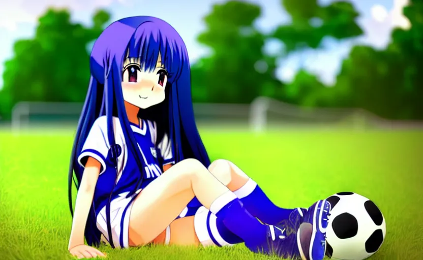 Prompt: A cute young anime girl with long blueish indigo hair, wearing a white soccer uniform with shorts, soccer ball against her foot, sitting on one knee in a large grassy green field, shining golden hour, she has detailed black and purple anime eyes, extremely detailed cute anime girl face, she is happy, child like, kid, black anime pupils in her eyes, Haruhi Suzumiya, Umineko, Lucky Star, K-On, Kyoto Animation, she is smiling and happy, tons of details, sitting on one knee on the grass, chibi style, extremely cute, she is smiling and excited, her tiny hands are on her thighs, she has a cute expressive face