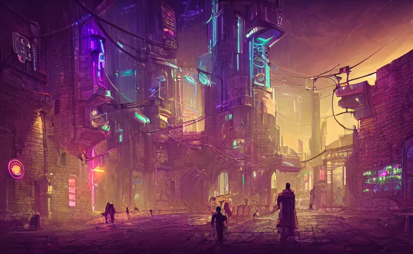 Image similar to a cyberpunk medieval castle, stone brick walls, neon lights, fantasy art, sci - fi, pedestrians