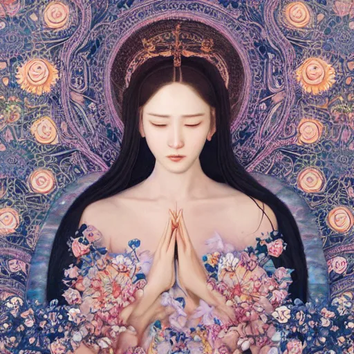 Image similar to breathtaking detailed concept art painting of the goddess of nemophila flowers, orthodox saint, with anxious, piercing eyes, ornate background, amalgamation of leaves and flowers, by Hsiao-Ron Cheng, James jean, Miho Hirano, Hayao Miyazaki, extremely moody lighting, 8K