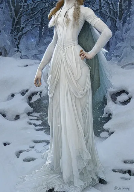 Image similar to sansa emma watson snow queen in ice dress, intricate, elegant, highly detailed, digital painting, artstation, concept art, smooth, sharp focus, illustration, art by artgerm and greg rutkowski and alphonse mucha and william - adolphe bouguereau