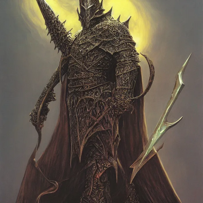 Prompt: the witch king of angmar in copper armor, by michael whelan, fantasy art