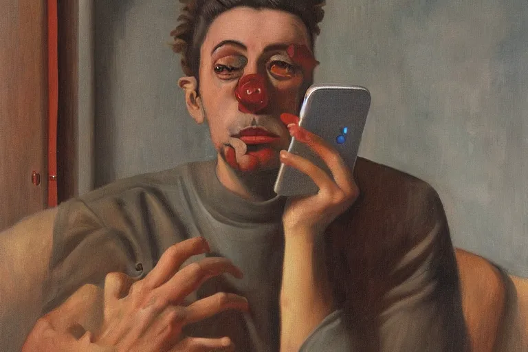 Prompt: a surrealist painting of a man on the toilet watching TikTok on his phone, highly detailed, sharp