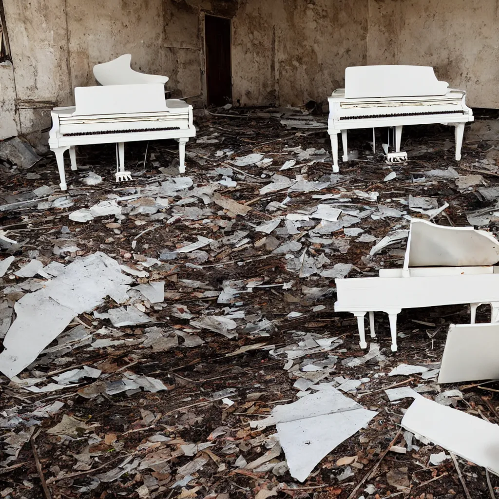 Image similar to White grand piano with damaged keys in an abandoned mansion