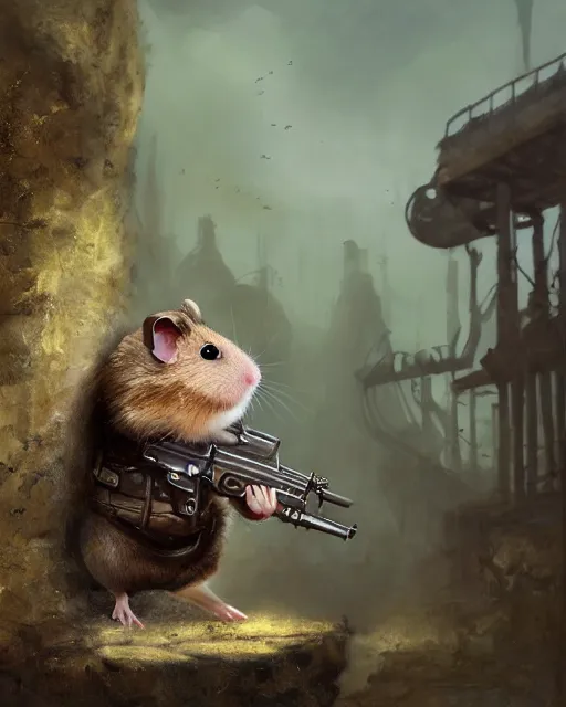 Image similar to oil painting of anthropomorphized hamster holding Rifle, steampunk clothes, close shot, full body, dark steampunk mine shaft background, sharp focus, fantasy style, octane render, volumetric lighting, 8k high definition, by greg rutkowski, highly detailed, trending on art Station, dungeons and dragons artwork, centered