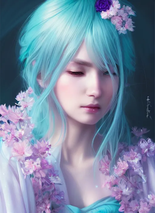 Prompt: dreamlike luxury stunning gorgeous woman fairy portrait, pale turquoise and purple kimono, art by artgerm, wlop, loish, ilya kuvshinov, 8 k hyperrealistic, hyperdetailed, beautiful lighting, detailed background, depth of field, symmetrical face, frostbite 3 engine, cryengine,