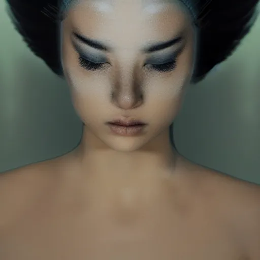 Image similar to beautiful woman in liquid fluid simulation, female upper body, beautiful supermodel, black wave patterns, cinematic light, surreal face portrait, cinestill, film still, body portrait, geisha, optical illusion, art noveau, magic hour, female balaclava, modelling pose, glamour, body acts