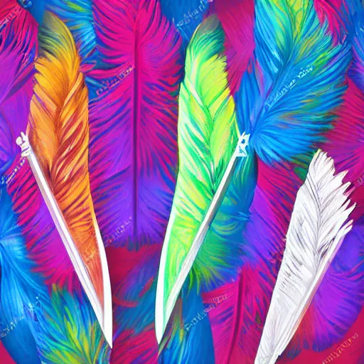 Image similar to spear of feathered wings, prismatic, multi colored feathers, anime style, white background