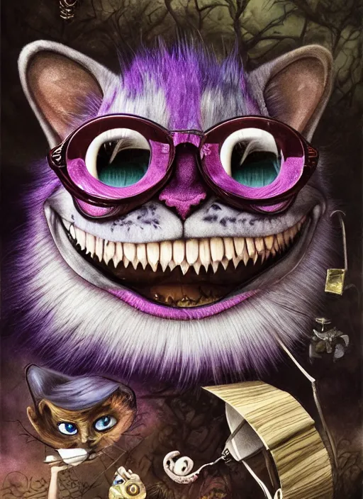 Prompt: cheshire cat, nice, friendly, cheeky, sunglasses, cigar, highly detailed, cinematic, 8 k, by megan duncanson, benjamin lacombe, stanley artgermm, tom bagshaw, craig mullins, carne griffiths, ayami kojima, beksinski, giger, trending on deviantart, hyper detailed, horror, full of colour