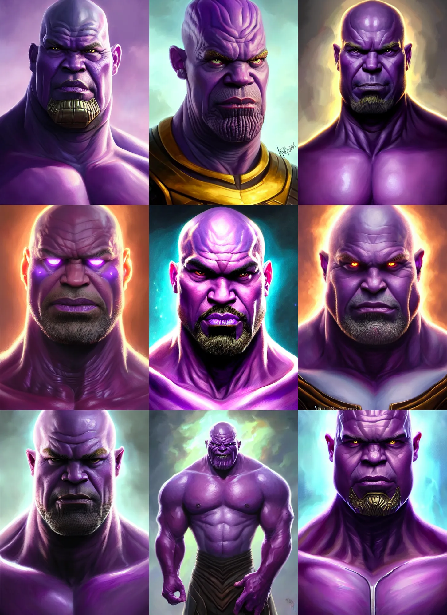 Prompt: a fantasy style portrait painting a character if drax the destroyer ( arthur douglas ) and thanos had a son, purple skin, powerful chin, arthur douglas style traits, painting, unreal 5, daz., rpg, portrait, extremely detailed, artgerm greg rutkowski _ greg