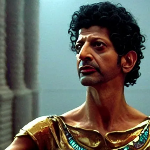 Image similar to jeff goldblum as cleopatra, cinematic, highly detained, movie still, vivid color,