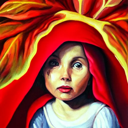 Image similar to oil painting of little red riding hood looking up at gigantic datura strammonium flower