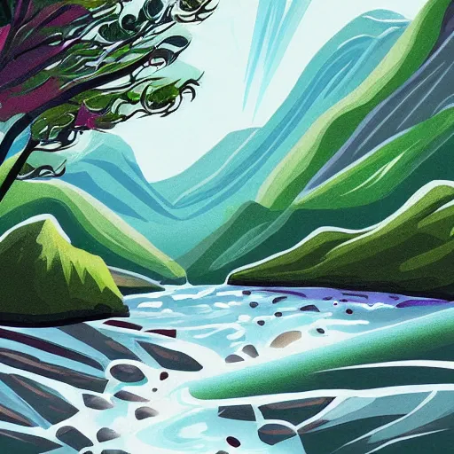 Image similar to a beautiful landscape, rivers and mountains, illustration, digital art by laura price