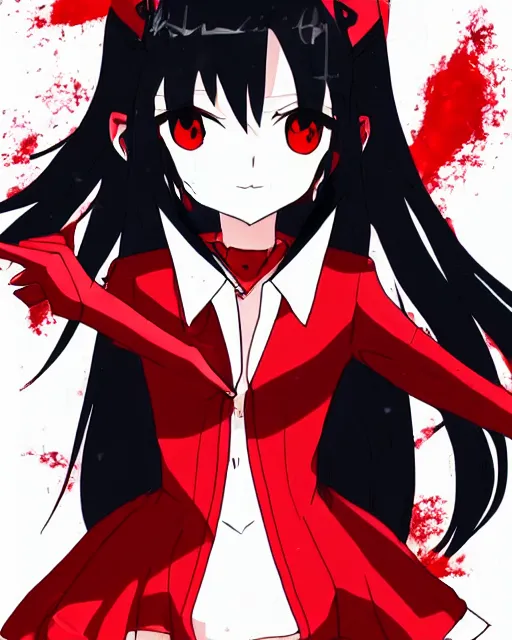 Prompt: vampire girl with wavy black hair wearing red in style of studio trigger, anime, ink, cel shaded, vibrant