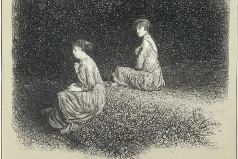 Image similar to black and white, young french woman sitting in the park at midnight, Gustave Dore lithography