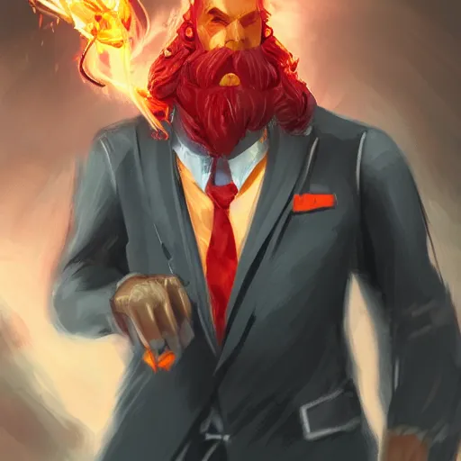 Image similar to fire giant, suit and tie, fire hair, science fiction, d & d, concept art, sharp focus, illustration, character art,