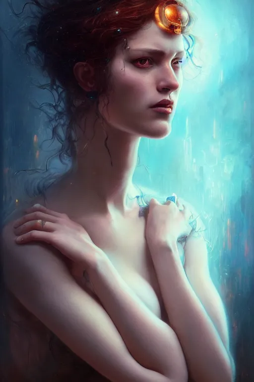 Image similar to a lot of ghost arms grab all over a girl in the elavator full body portrait by karol bak, james jean, tom bagshaw, rococo, sharp focus, trending on artstation, cinematic lighting, hyper realism, octane render, 8 k, hyper detailed, vivid, ultra detailed, highly detailed