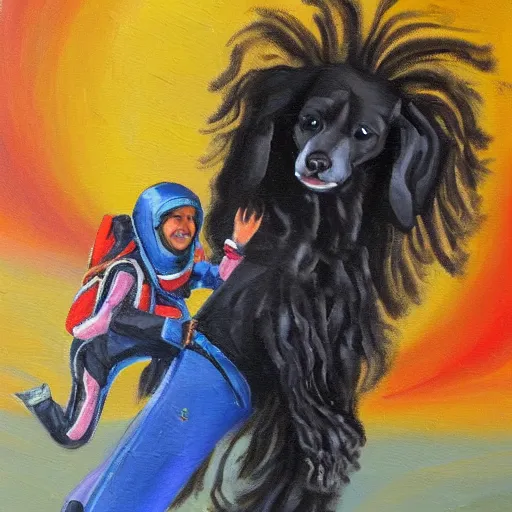 Image similar to egyptian man with long curly hair skydiving alongside small black puppy, fine art oil painting, figurative painting