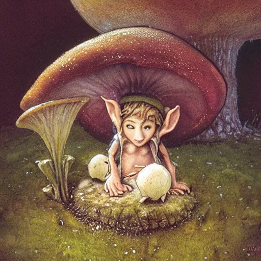 Prompt: tiny elf under a mushroom by brian froud