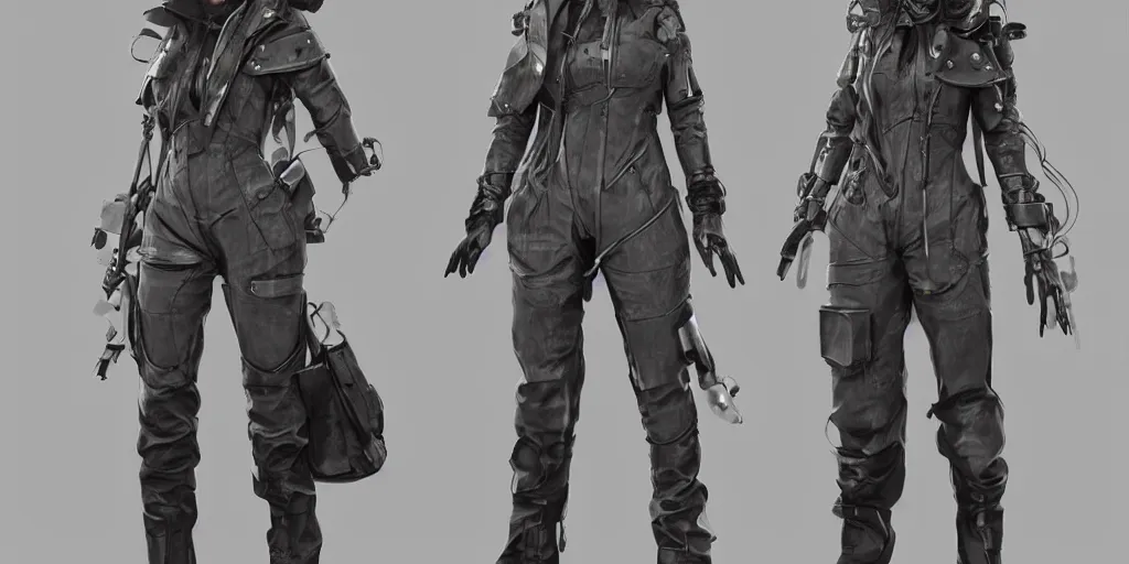 Image similar to a woman in scientist's jacket with a system of straps and pouches for collecting material by Tetsuya Nomura with Ralph Horsley and Mario Testino, trending on artstation and pixiv clean sci-fi concept art and sheet that using unreal engine 5 render and hyper detailed 3D texture with cinematic software light