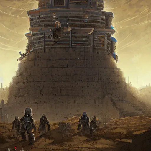 Image similar to Illustration of the tower of Babylon fortified and defended by robot soldiers, intricate details, sharp, concept illustration, digital art, trending on ArtStation