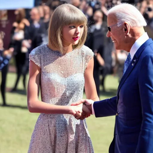 Prompt: taylor swift shaking hands with joe biden, 8 k uhd, perfect faces