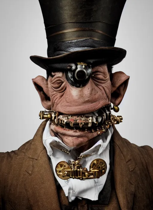 Image similar to closeup portrait of a steampunk medieval goblin wearing a top hat, depth of field, zeiss lens, detailed, symmetrical, centered, fashion photoshoot, by Annie Leibovitz and Steve McCurry, David Lazar, Jimmy Nelsson, Breathtaking, 8k resolution, extremely detailed, beautiful, establishing shot, artistic, hyperrealistic, beautiful face, octane render