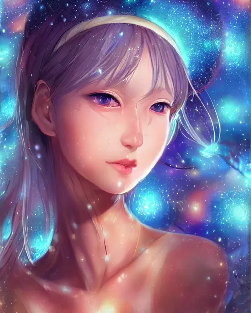 Image similar to A realistic anime portrait of a beautiful cosmic woman with glowing blue eyes and skin made of universes wearing clothes made of galaxies, digital painting, by Stanley Artgerm Lau, Sakimichan, WLOP and Rossdraws, digtial painting, trending on ArtStation, SFW version