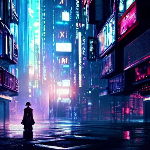 Image similar to jennifer connelly starring in a cyberpunk movie in a distopic futuristic city in the style of bladerunner, movie still, highly detailed, rainy night, volumetric lights, dramatic, scifi, sharp focus