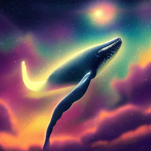 Prompt: portrait of whale swimming on a night sky, swimming across the universe, nebulae, oniric, dreamy, beautiful, highly detailed, cinematic, trending on artstation